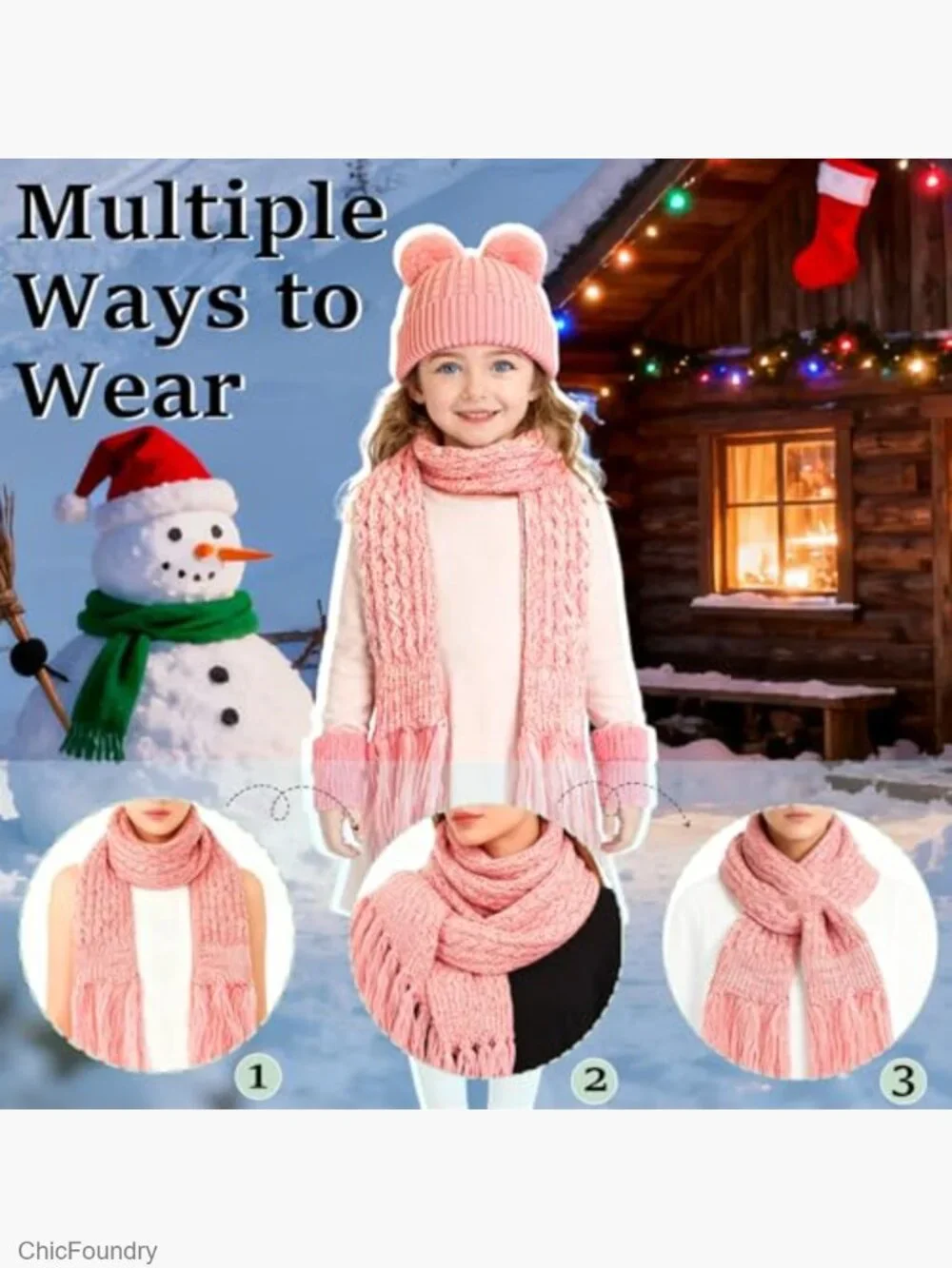 Kids Winter Hat Scarf Gloves Set Fleece Lined Beanie with Pom Pom 3-in-1 Gift